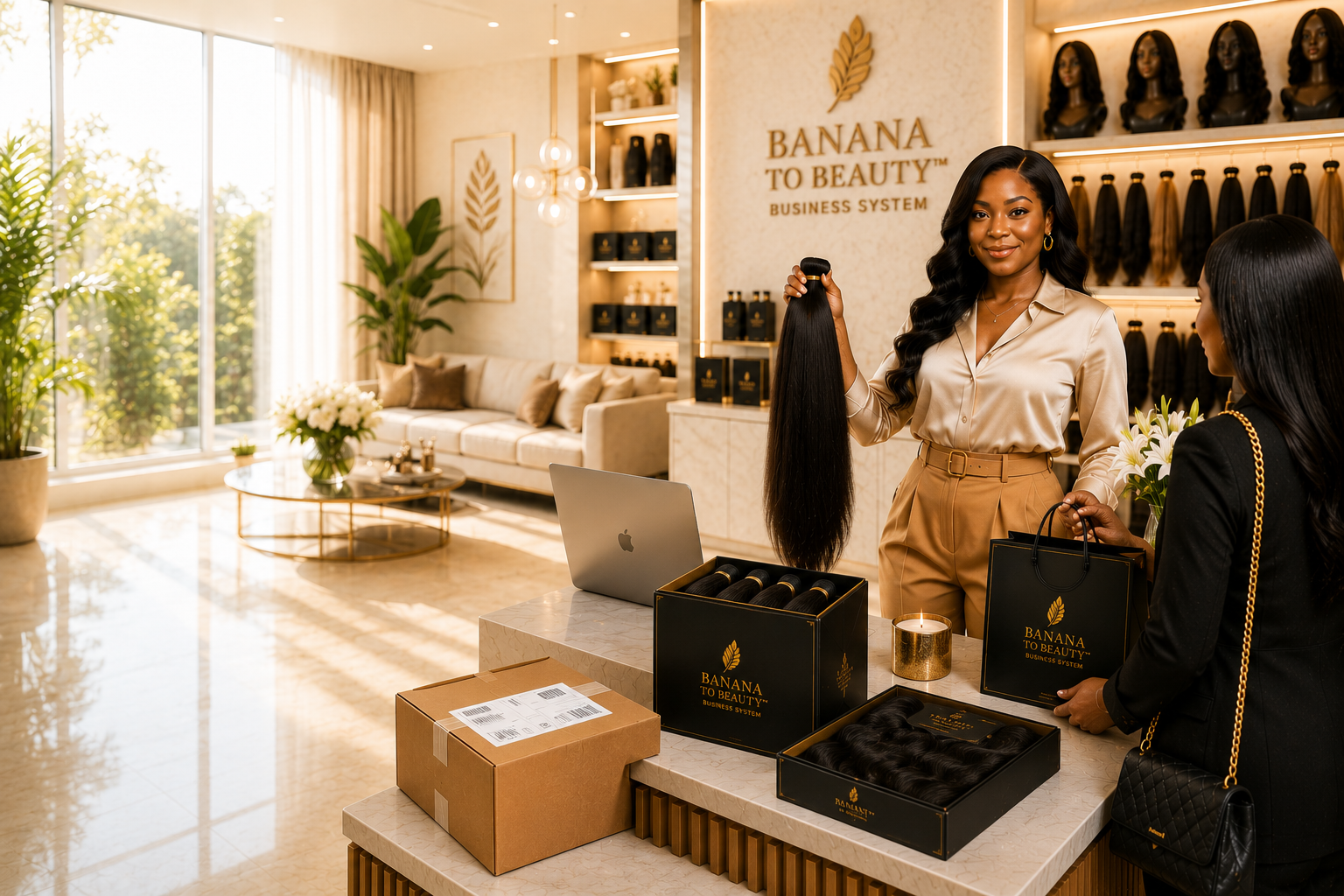 Elegant African entrepreneur holding premium banana fibre hair extensions in a luxury showroom