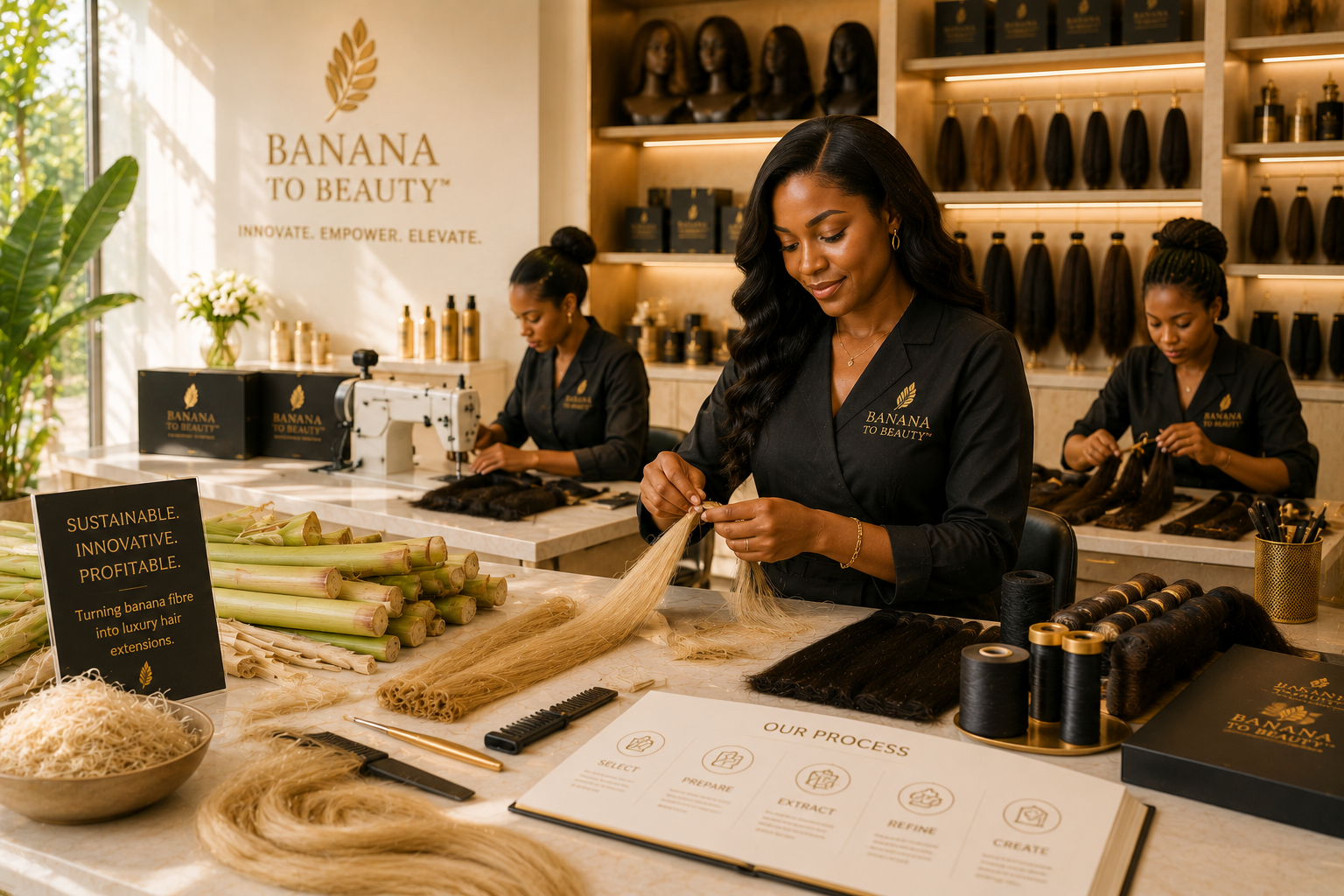 Skilled team transforming banana fibre into luxury hair extensions in a premium showroom